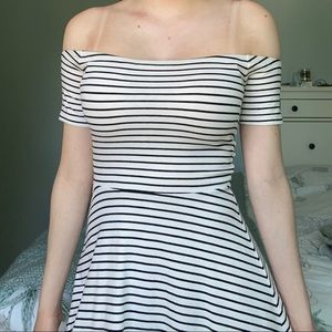 Black and white striped off-the-shoulder dress